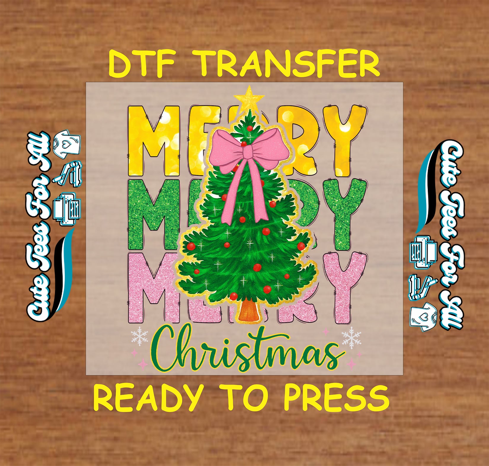 Merry Merry Merry Christmas tree with pink bow ready to press DTF iron on heat transfer for DIY shirts