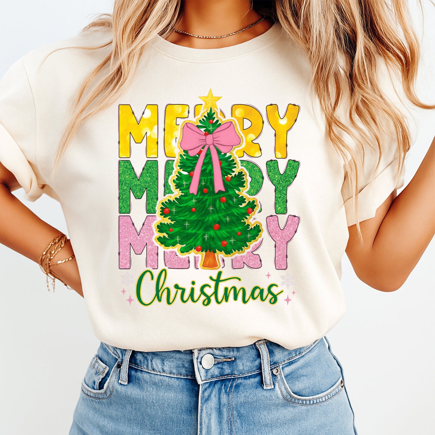 Christmas DTF Transfer – Merry Merry Merry with Pink Bow Christmas Tree Ready to Press Iron On Heat Transfer for DIY Shirts 11871