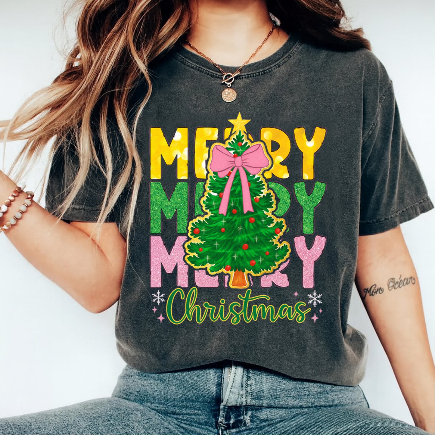 Christmas DTF Transfer – Merry Merry Merry with Pink Bow Christmas Tree Ready to Press Iron On Heat Transfer for DIY Shirts 11871