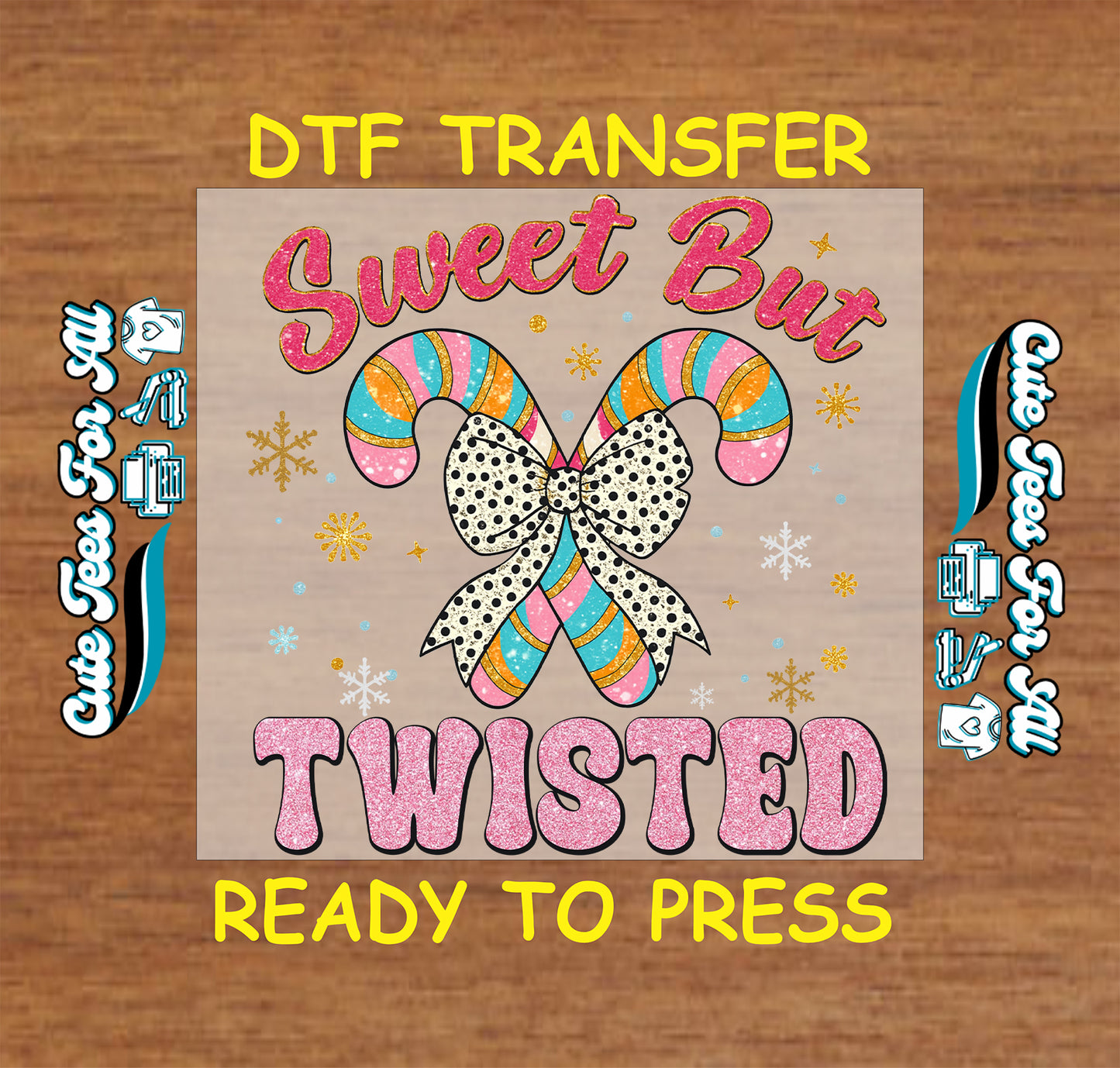 Sweet but twisted candy canes with polka dot bow ready to press DTF iron on heat transfer for DIY shirts