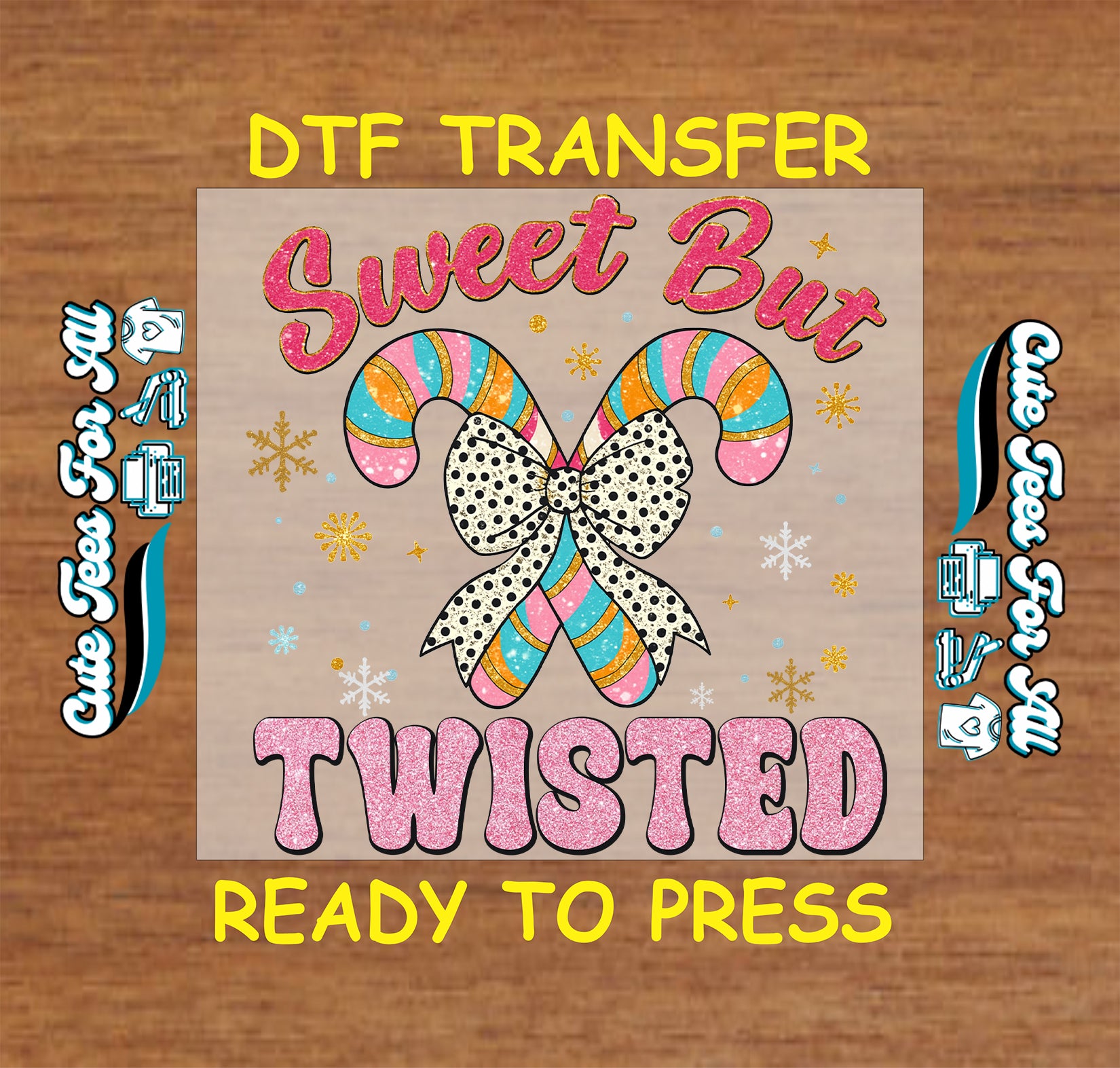 Sweet but twisted candy canes with polka dot bow ready to press DTF iron on heat transfer for DIY shirts