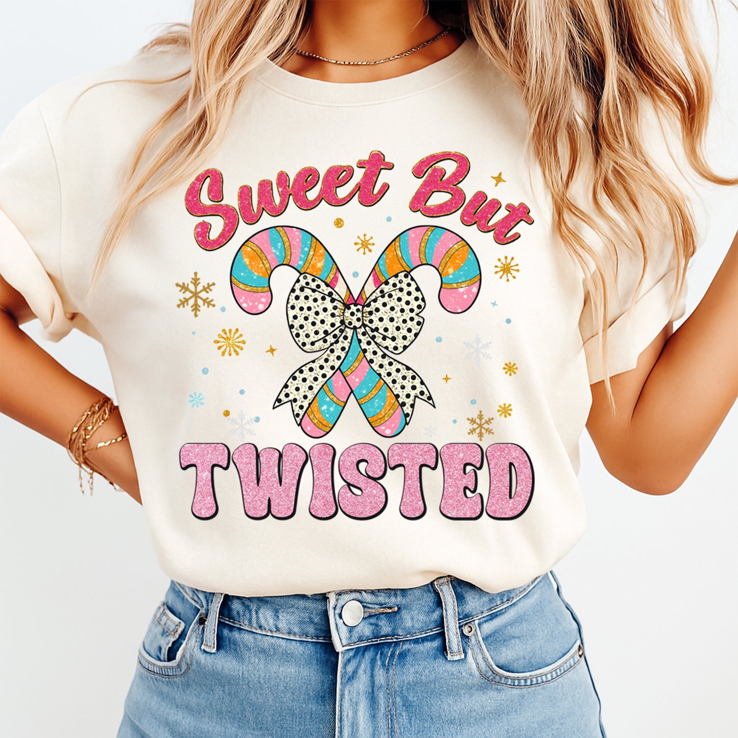 Christmas DTF Transfer – Sweet But Twisted Candy Canes with Polka Dot Bow Ready to Press Iron On Heat Transfer for DIY Shirts 11872
