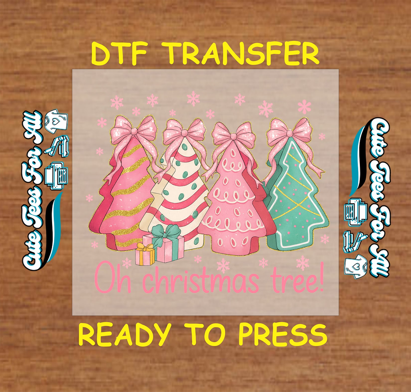 Oh Christmas Tree pastel trees with pink bows ready to press DTF iron on heat transfer for DIY shirts