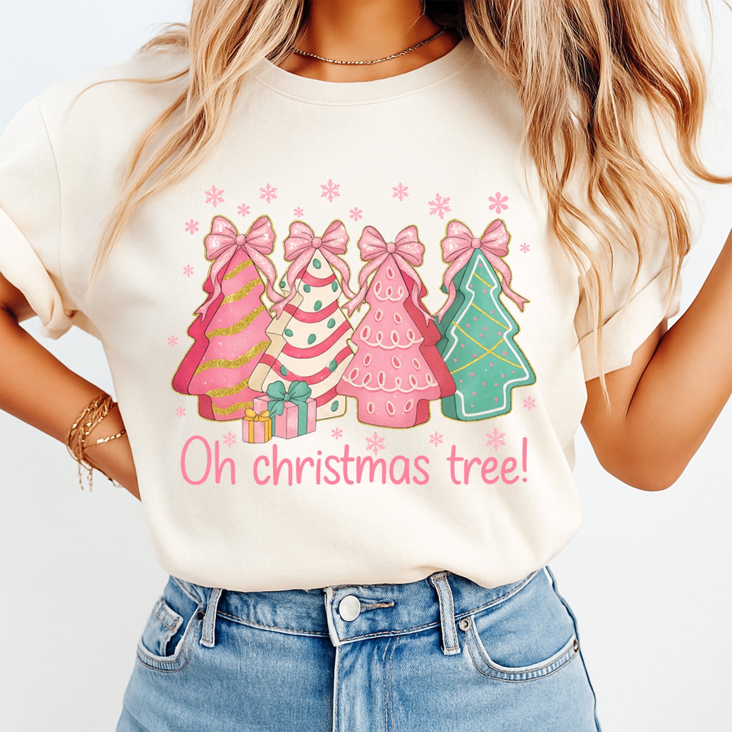 Christmas DTF Transfer – Oh Christmas Tree with Pink Bows and Gifts Ready to Press Iron On Heat Transfer for DIY Shirts 11873