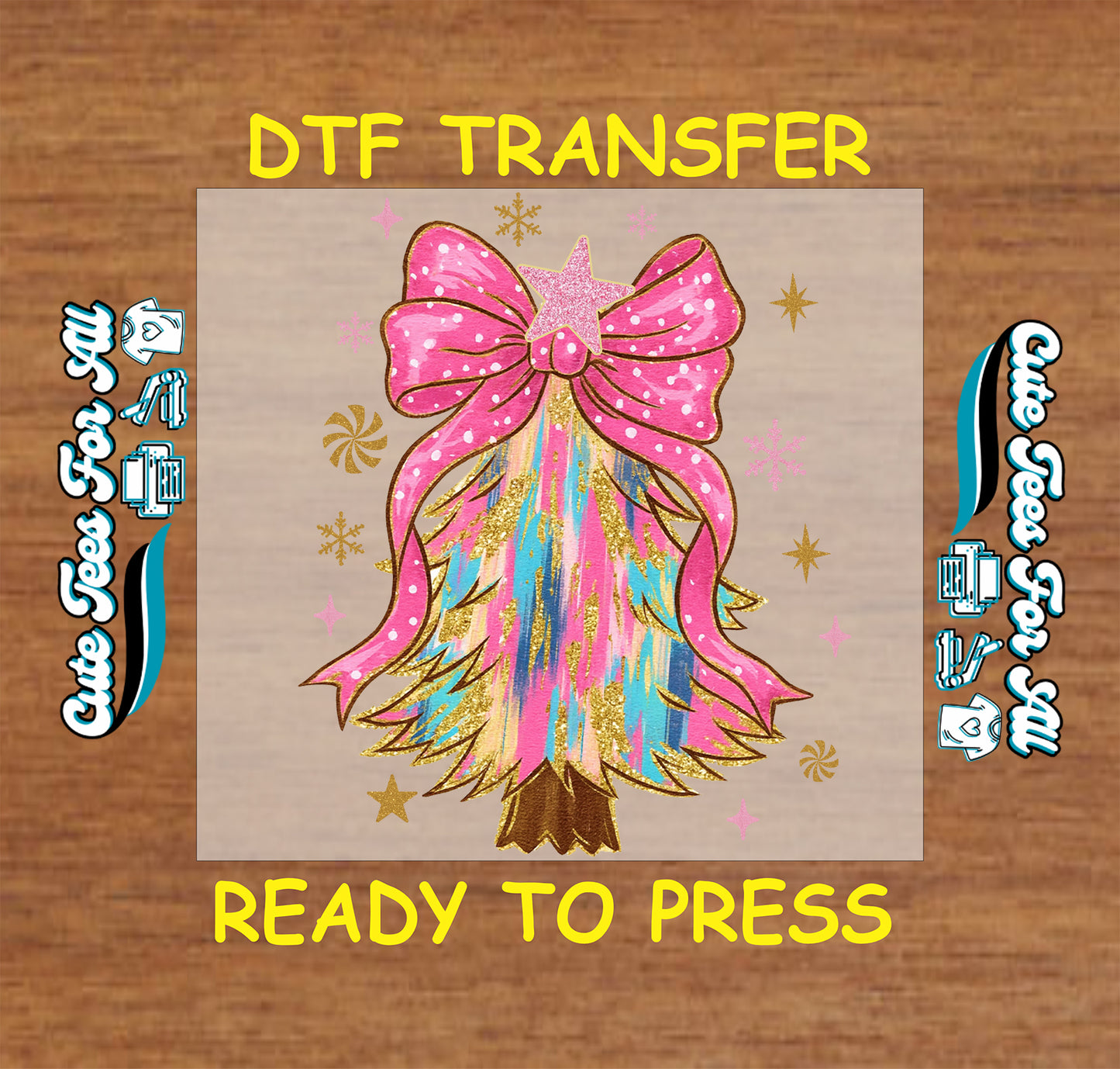 Rainbow Christmas tree with pink polka dot bow ready to press DTF iron on heat transfer for DIY shirts