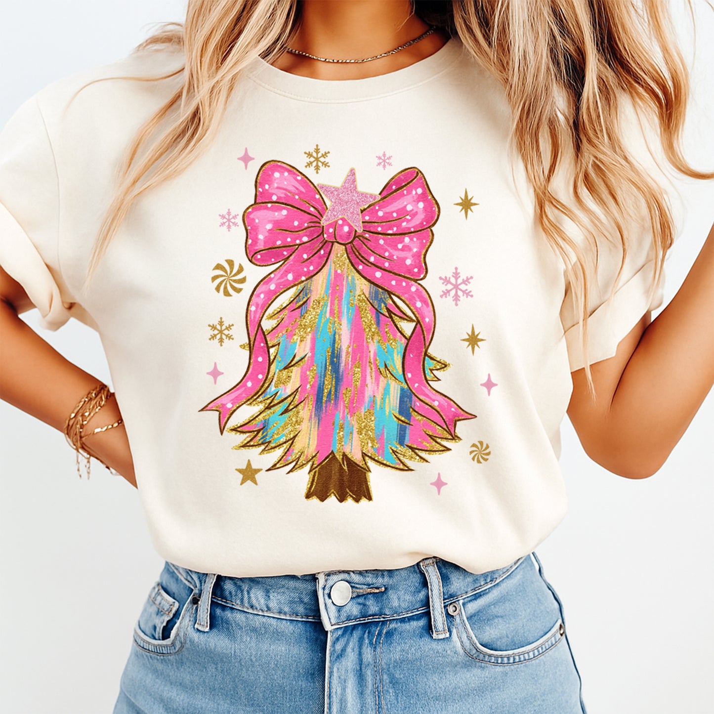 Christmas DTF Transfer – Rainbow Glitter Tree with Pink Polka Dot Bow Ready to Press Iron On Heat Transfer for DIY Shirts 11874