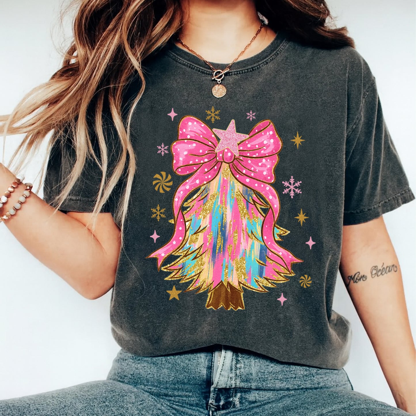 Christmas DTF Transfer – Rainbow Glitter Tree with Pink Polka Dot Bow Ready to Press Iron On Heat Transfer for DIY Shirts 11874