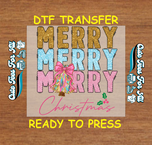 Merry Merry Merry Christmas rainbow tree with pink bow ready to press DTF iron on heat transfer for DIY shirts