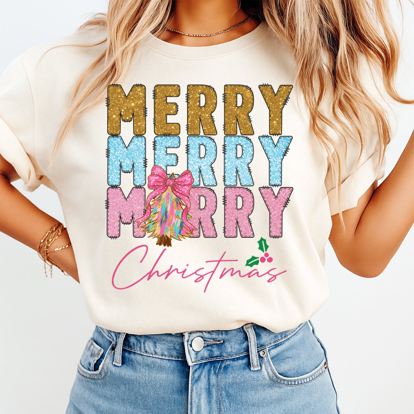 Christmas DTF Transfer – Merry Merry Merry Rainbow Tree with Pink Bow Ready to Press Iron On Heat Transfer for DIY Shirts 11875