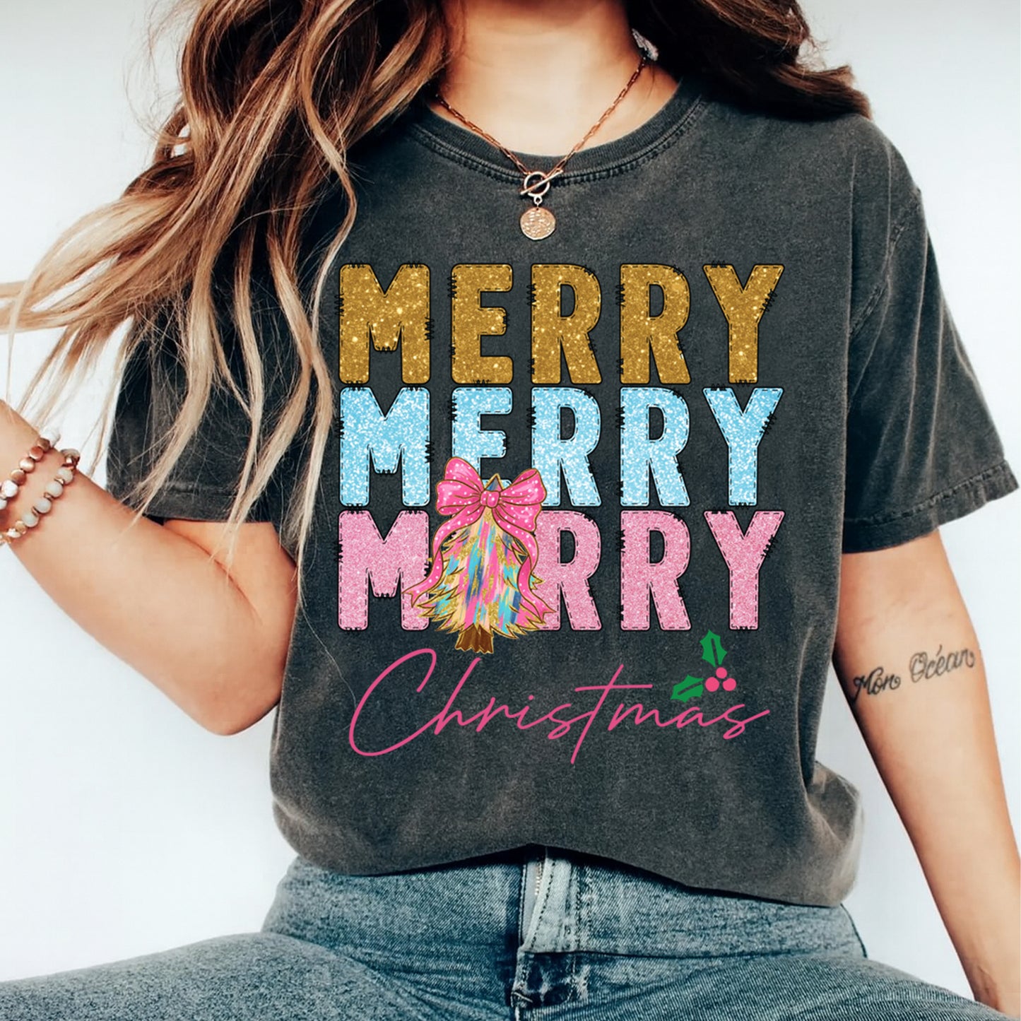 Christmas DTF Transfer – Merry Merry Merry Rainbow Tree with Pink Bow Ready to Press Iron On Heat Transfer for DIY Shirts 11875