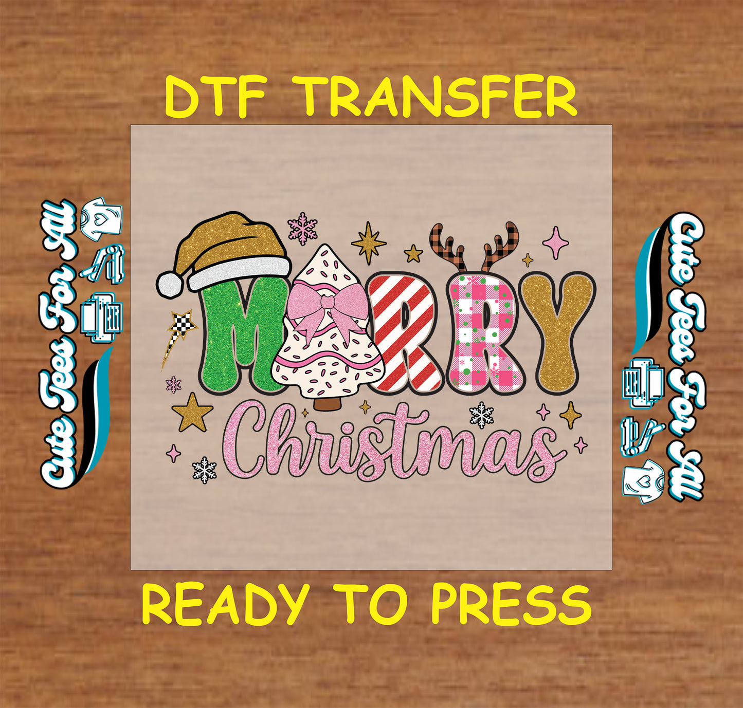 Merry Christmas patch letters with hat, bow, and reindeer antlers ready to press DTF iron on heat transfer for DIY shirts