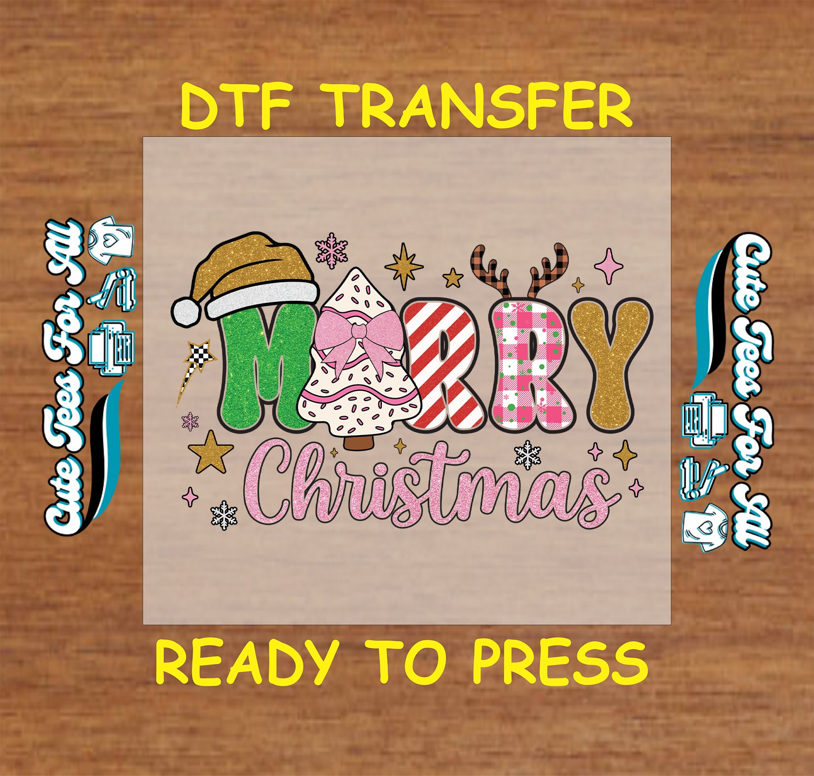 Merry Christmas patch letters with hat, bow, and reindeer antlers ready to press DTF iron on heat transfer for DIY shirts