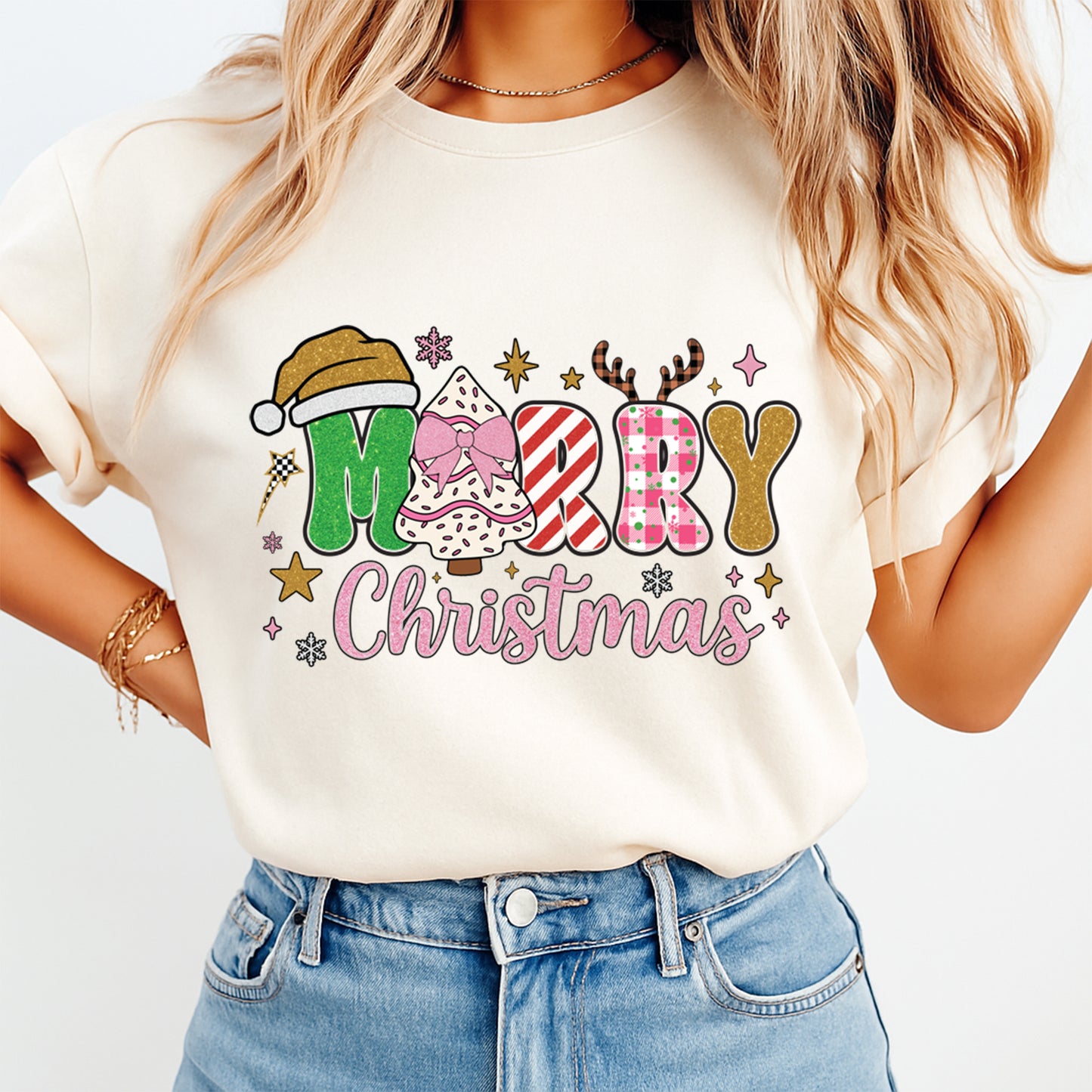 Christmas DTF Transfer – Merry Christmas Patch Letters with Hat Tree and Reindeer Antlers Ready to Press Iron On Heat Transfer for DIY Shirts 11876