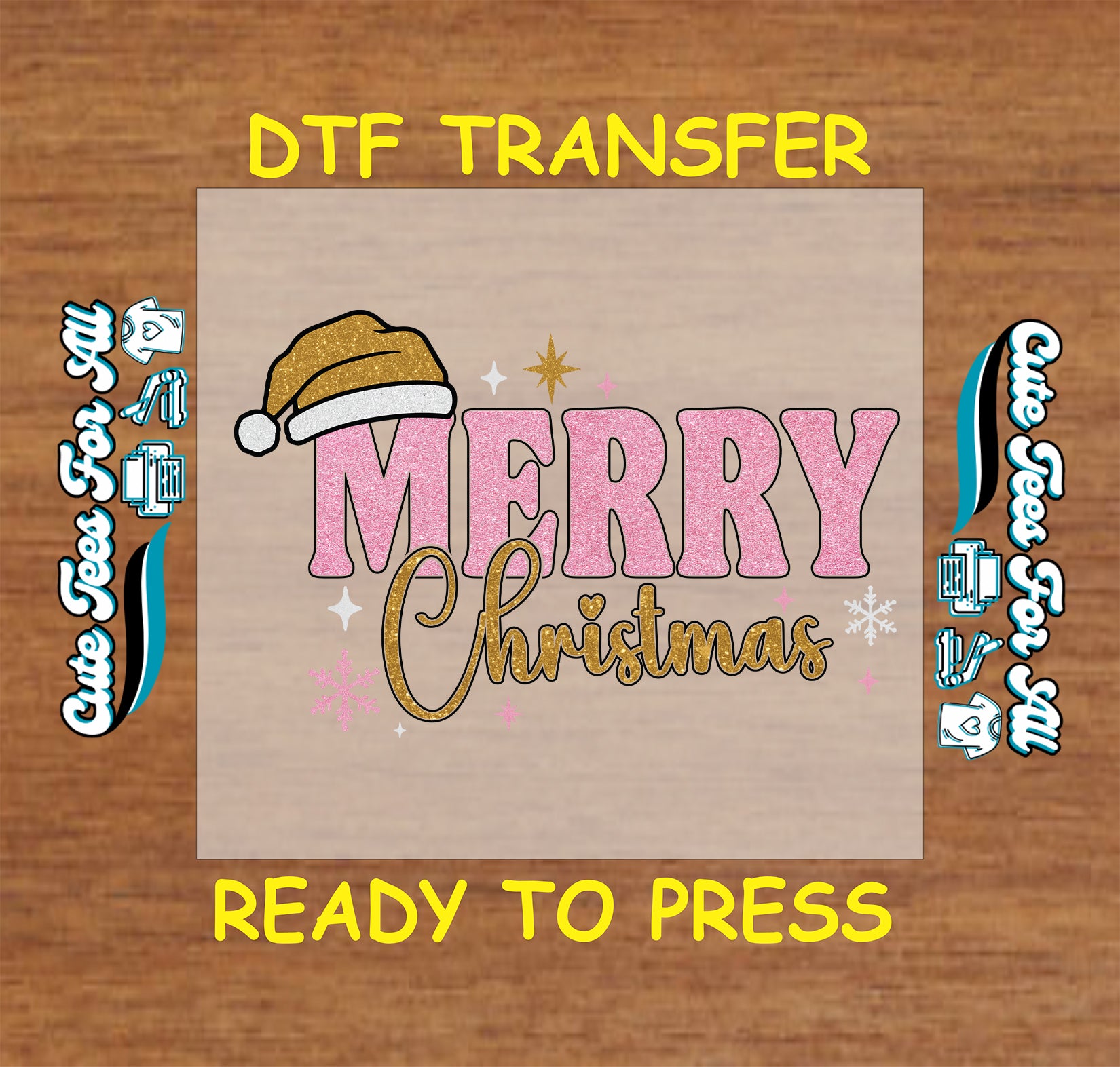 Pink glitter Merry Christmas with gold Santa hat ready to press DTF iron on heat transfer for DIY shirts