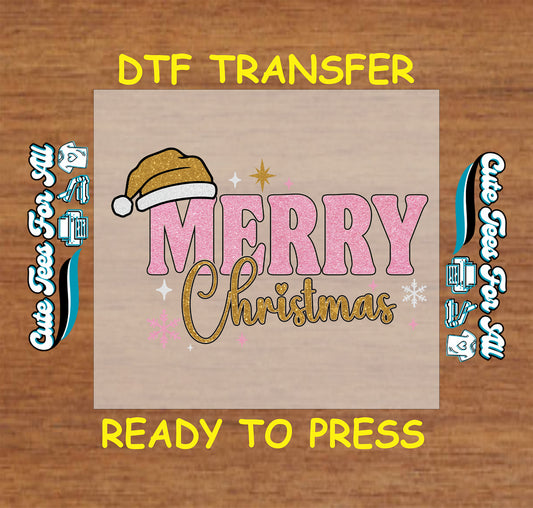 Pink glitter Merry Christmas with gold Santa hat ready to press DTF iron on heat transfer for DIY shirts