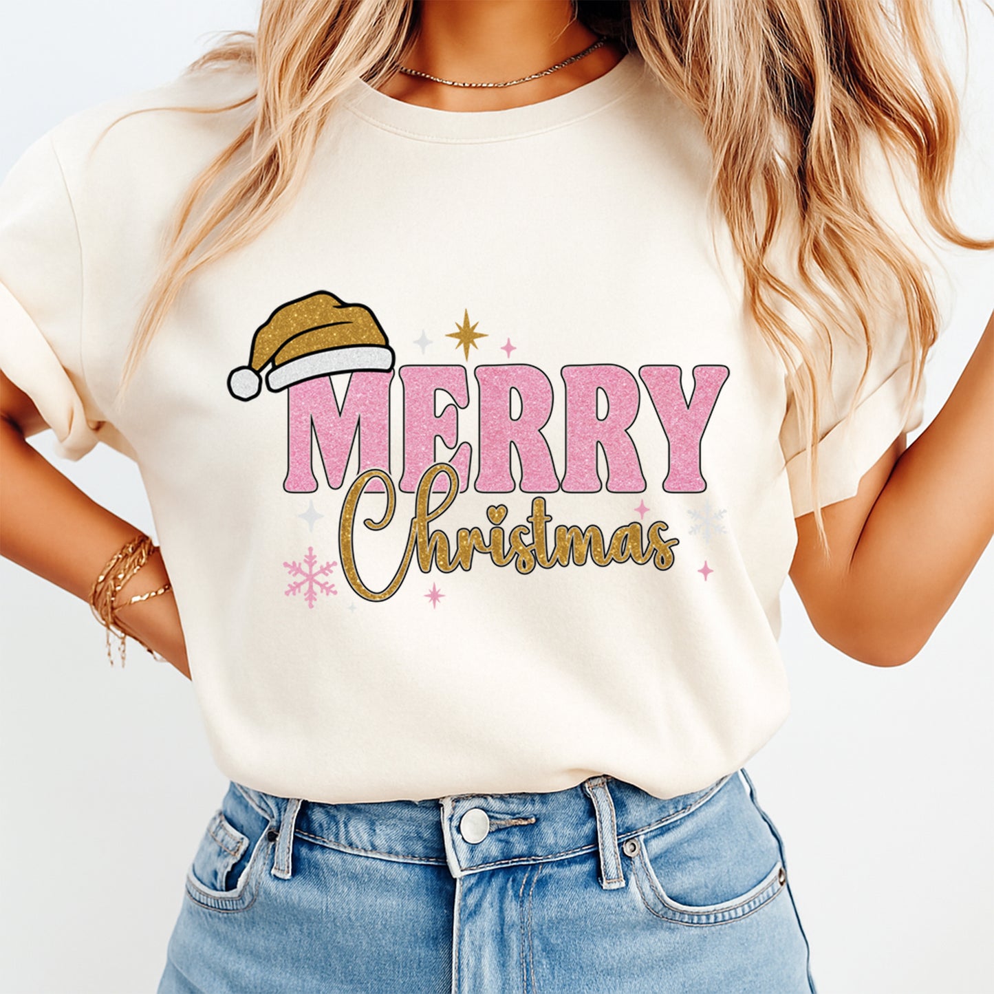 Christmas DTF Transfer – Pink Glitter Merry Christmas with Gold Santa Hat Ready to Press Iron On Heat Transfer for DIY Shirts 11877