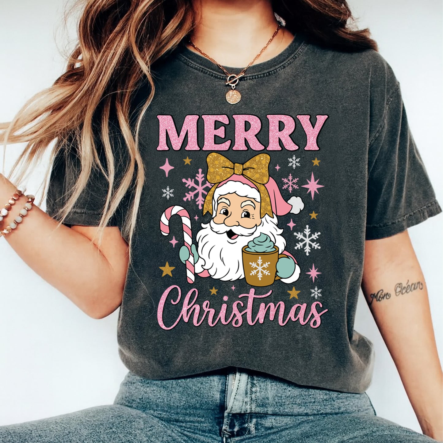 Christmas DTF Transfer – Santa with Gold Bow Candy Cane and Cocoa Ready to Press Iron On Heat Transfer for DIY Shirts 11878