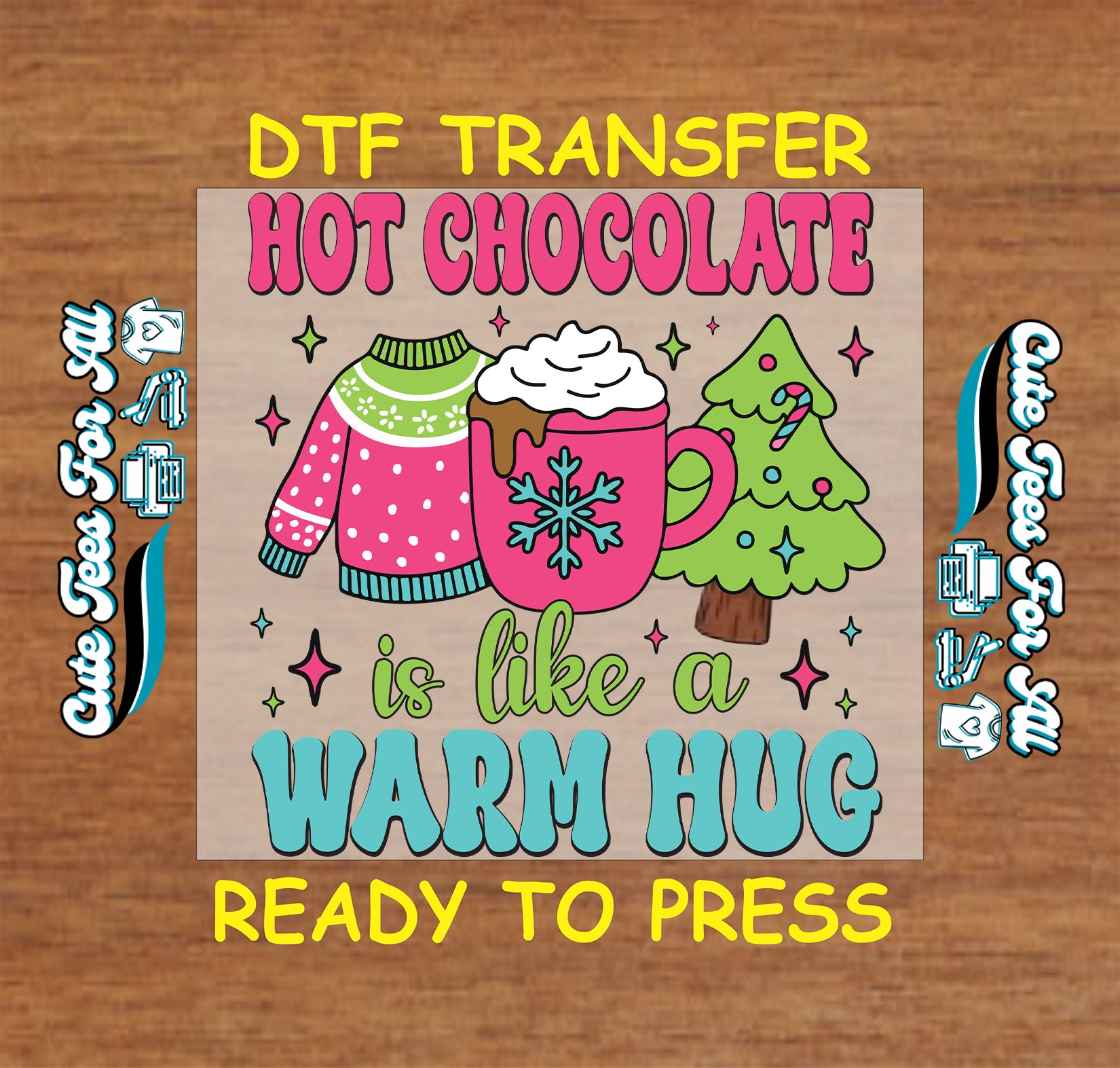 Hot chocolate warm hug Christmas mug sweater tree ready to press DTF iron on heat transfer for DIY shirts