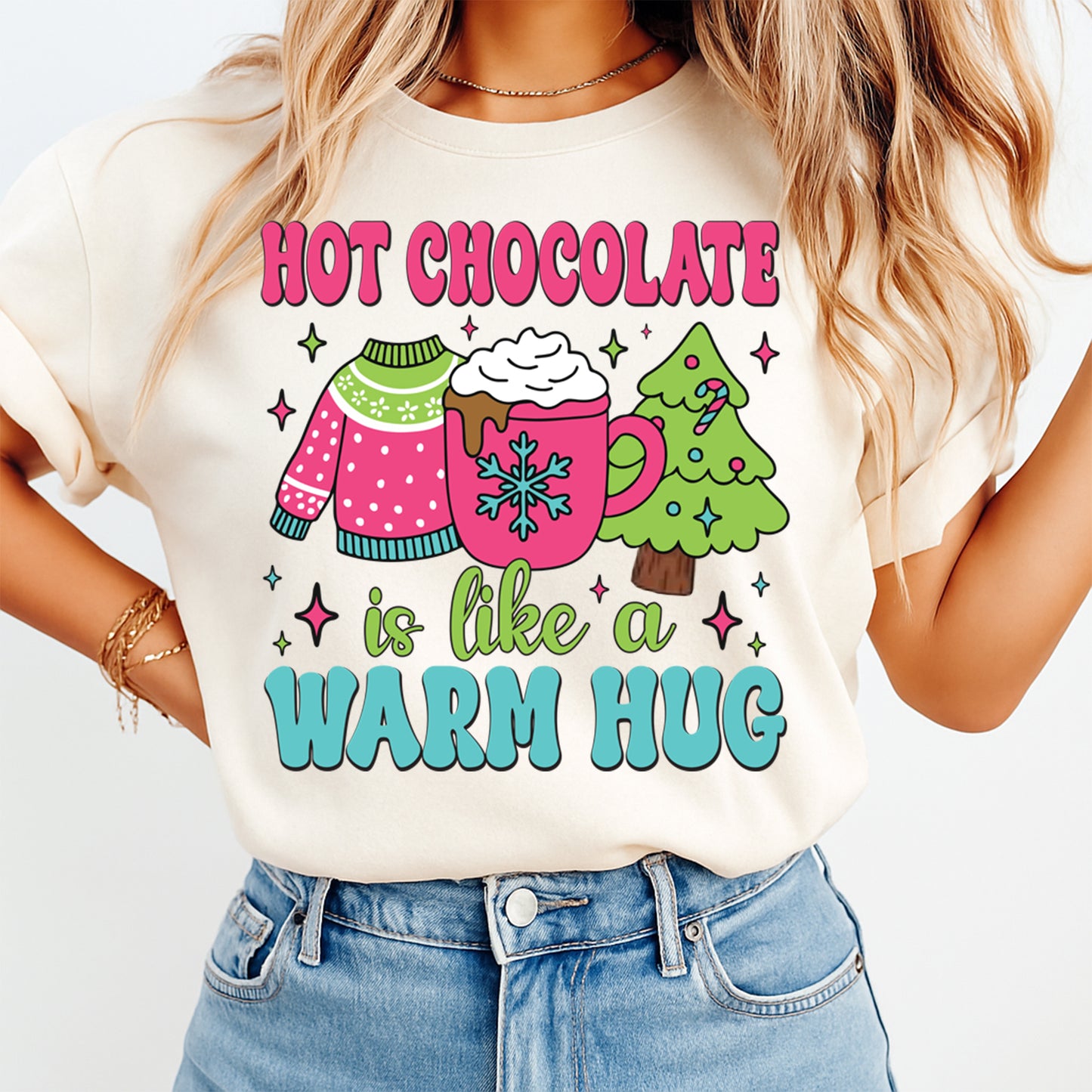 Christmas DTF Transfer – Hot Chocolate Is Like a Warm Hug Cozy Mug Sweater Tree Ready to Press Iron On Heat Transfer for DIY Shirts 11879