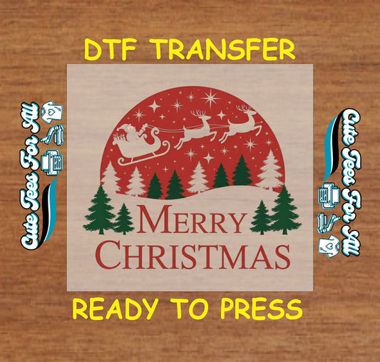 Santa sleigh and reindeer Merry Christmas forest scene ready to press DTF iron on heat transfer for DIY shirts
