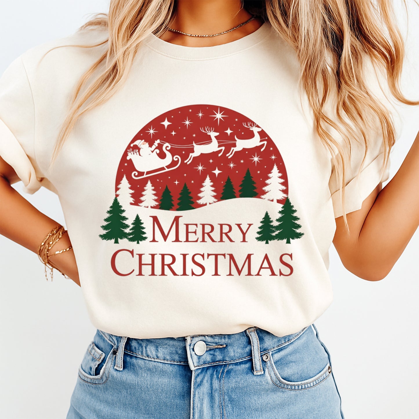 Christmas DTF Transfer – Santa Sleigh and Reindeer Merry Christmas Forest Scene Ready to Press Iron On Heat Transfer for DIY Shirts 11880