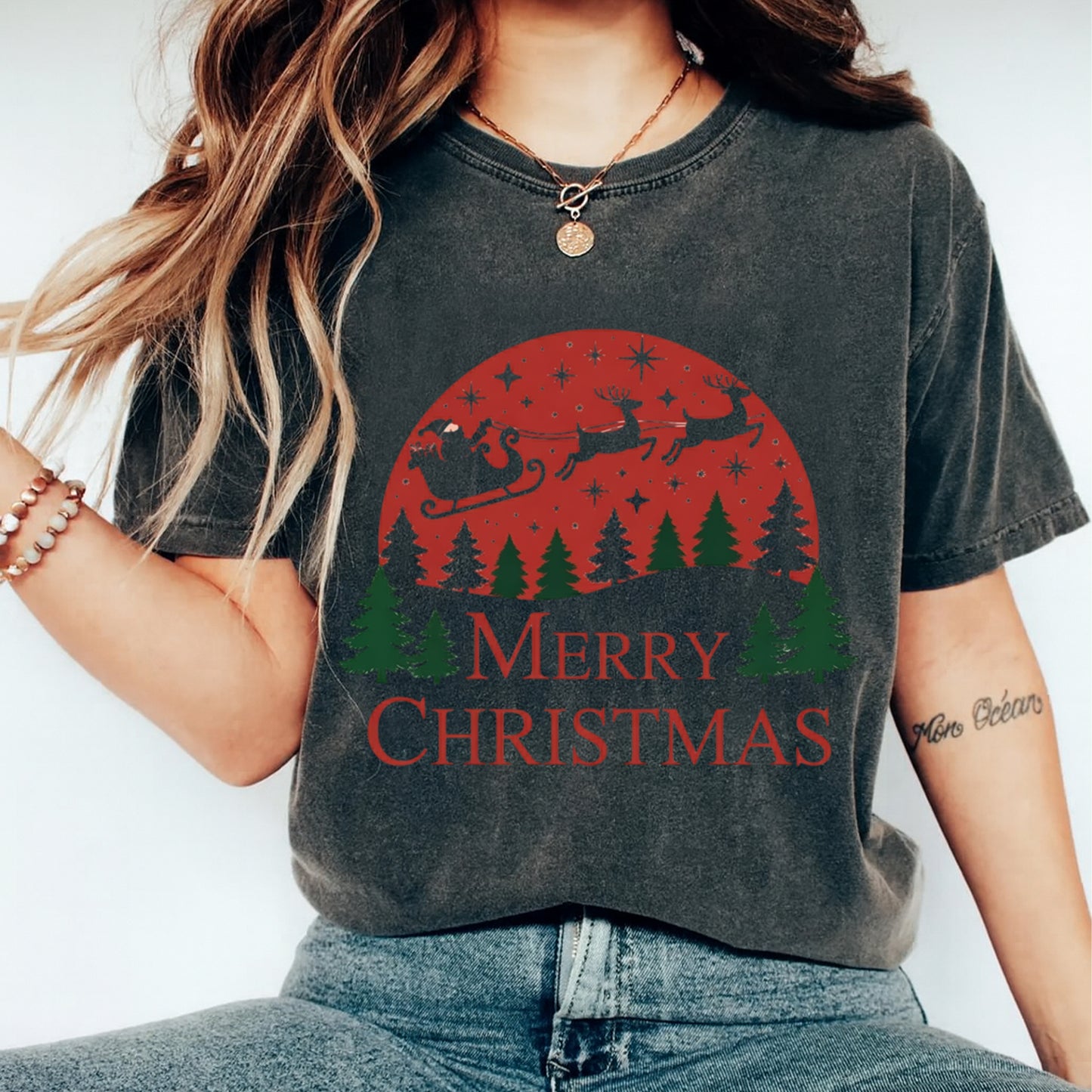 Christmas DTF Transfer – Santa Sleigh and Reindeer Merry Christmas Forest Scene Ready to Press Iron On Heat Transfer for DIY Shirts 11880