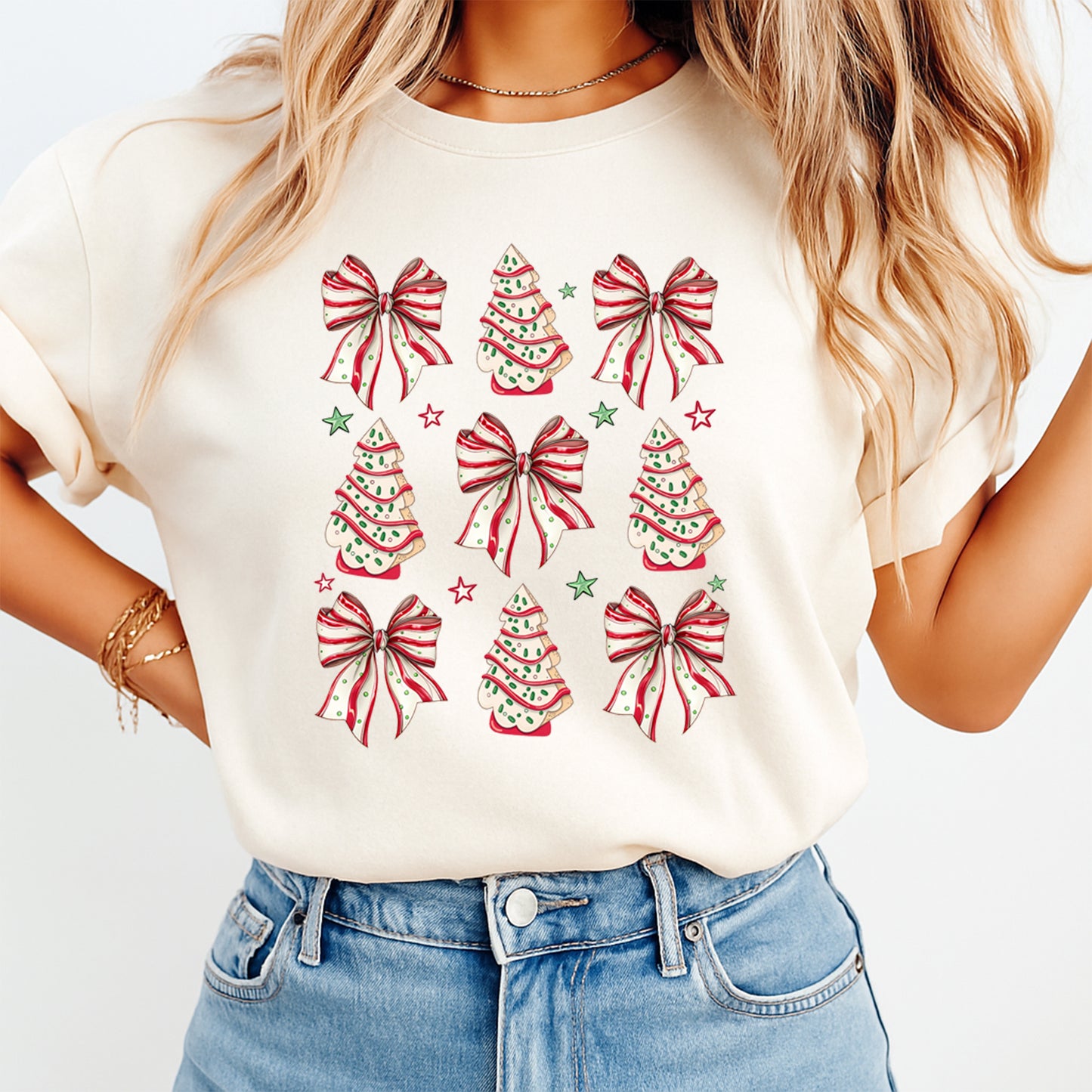 Christmas DTF Transfer – Red Bow and Polka Dot Tree Pattern Ready to Press Iron On Heat Transfer for DIY Shirts 11881