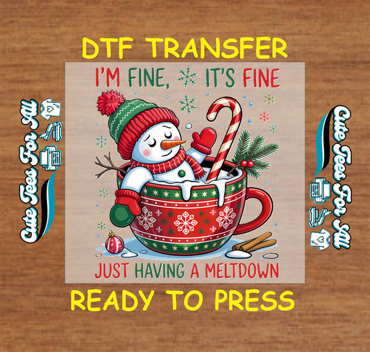 funny snowman meltdown christmas cocoa mug ready to press dtf iron on heat transfer for diy shirts