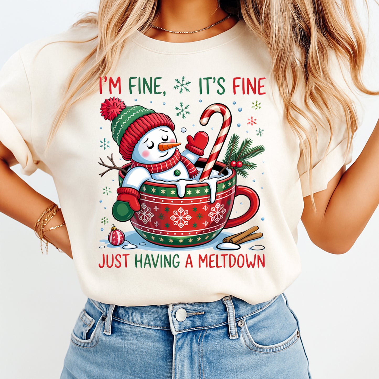 Christmas DTF Transfer – Funny Snowman in Hot Cocoa Mug Just Having a Meltdown Ready to Press Iron On Heat Transfer for DIY Shirts 11882
