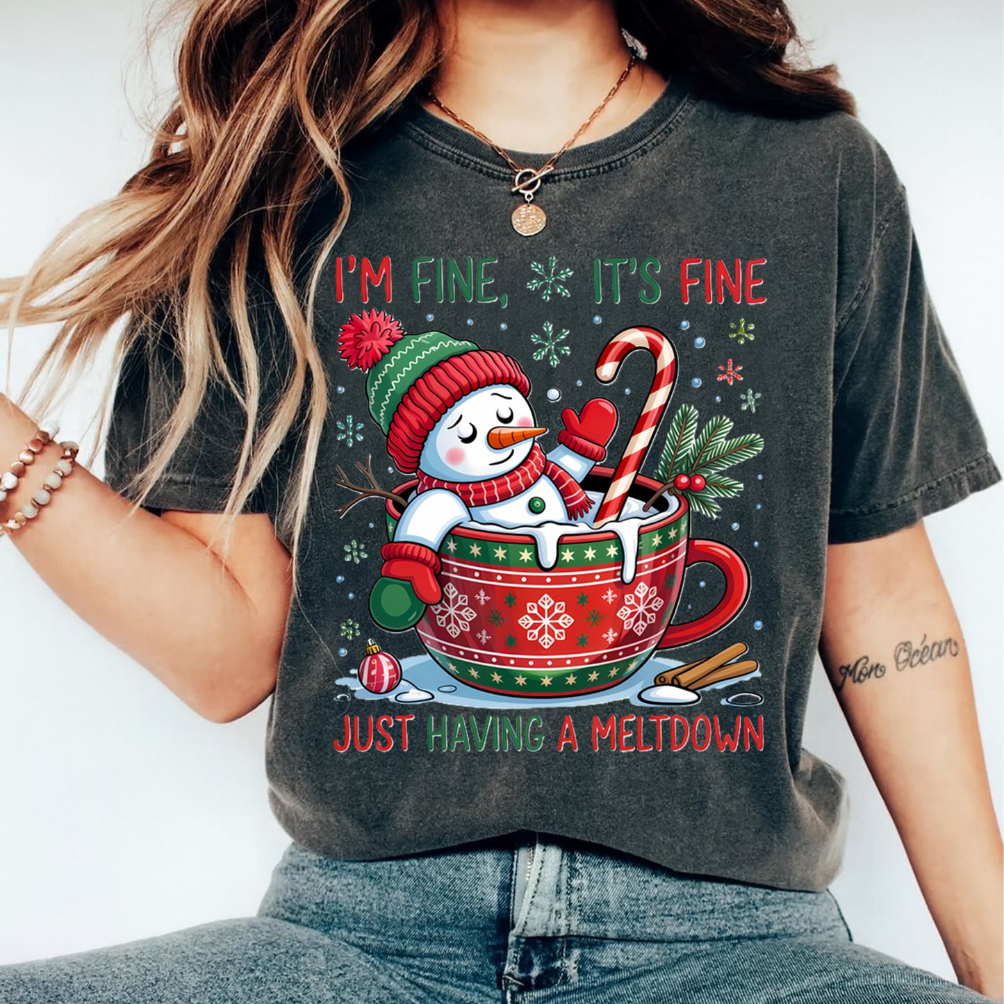 Christmas DTF Transfer – Funny Snowman in Hot Cocoa Mug Just Having a Meltdown Ready to Press Iron On Heat Transfer for DIY Shirts 11882