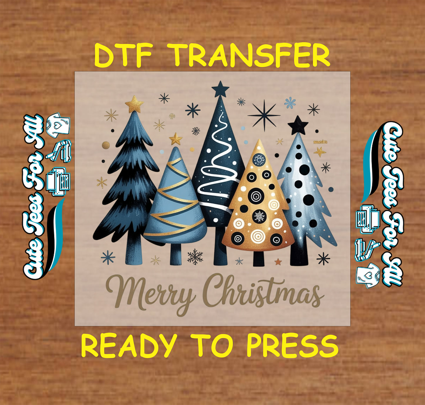 blue and gold modern christmas trees ready to press dtf iron on heat transfer for diy shirts