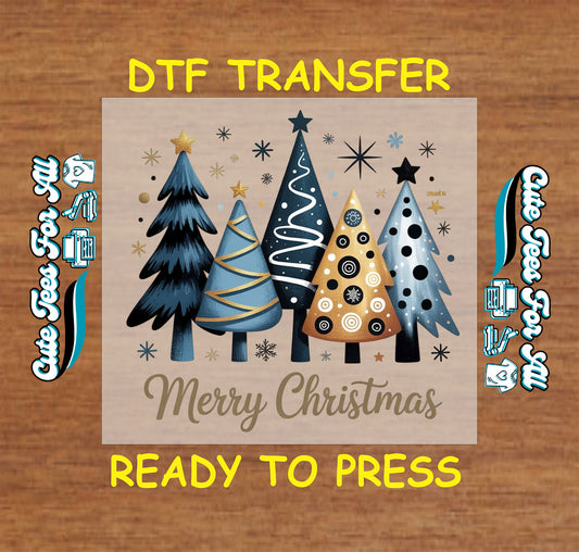 blue and gold modern christmas trees ready to press dtf iron on heat transfer for diy shirts