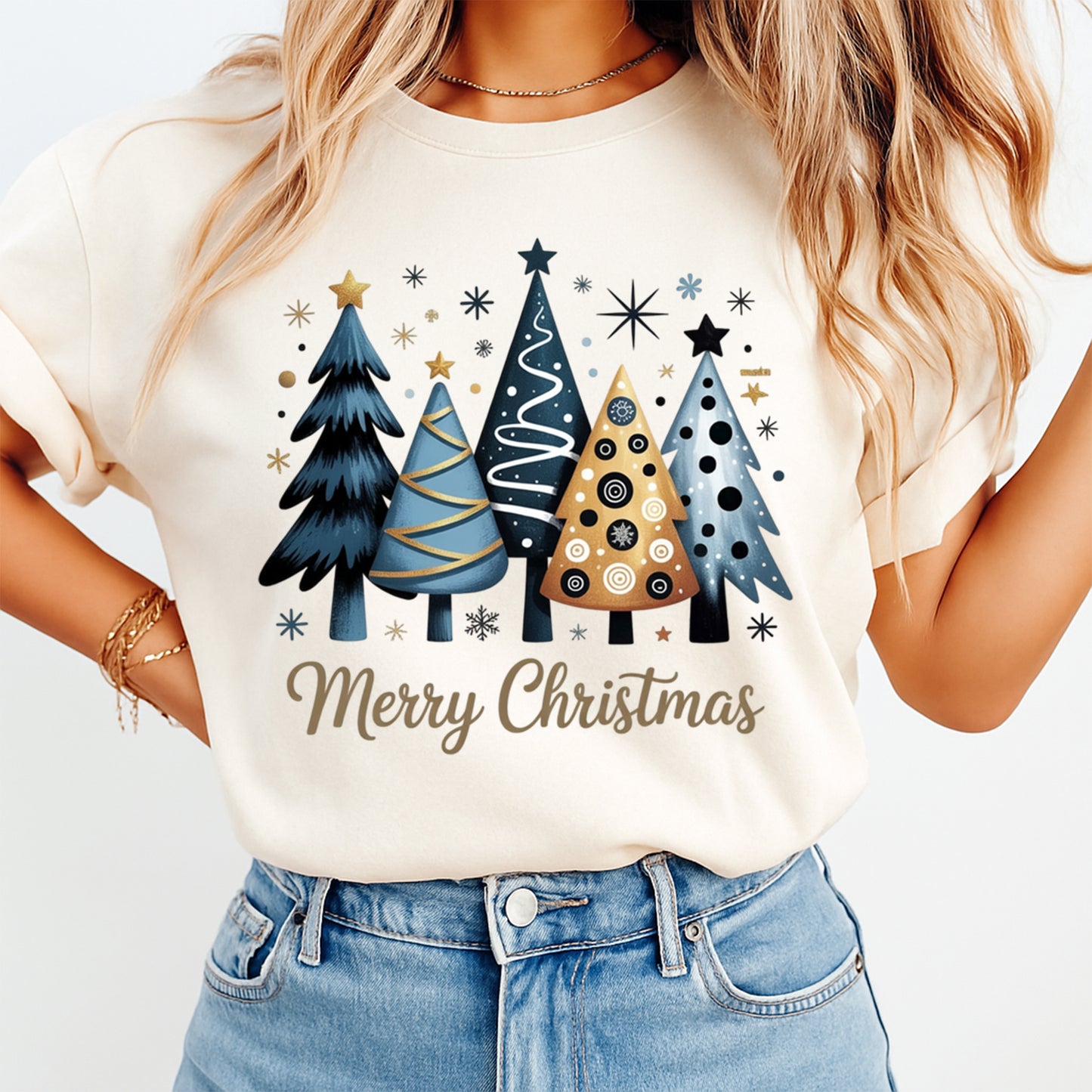Christmas DTF Transfer – Blue and Gold Modern Christmas Trees Ready to Press Iron On Heat Transfer for DIY Shirts 11884