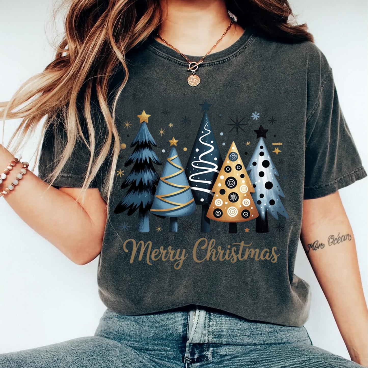 Christmas DTF Transfer – Blue and Gold Modern Christmas Trees Ready to Press Iron On Heat Transfer for DIY Shirts 11884