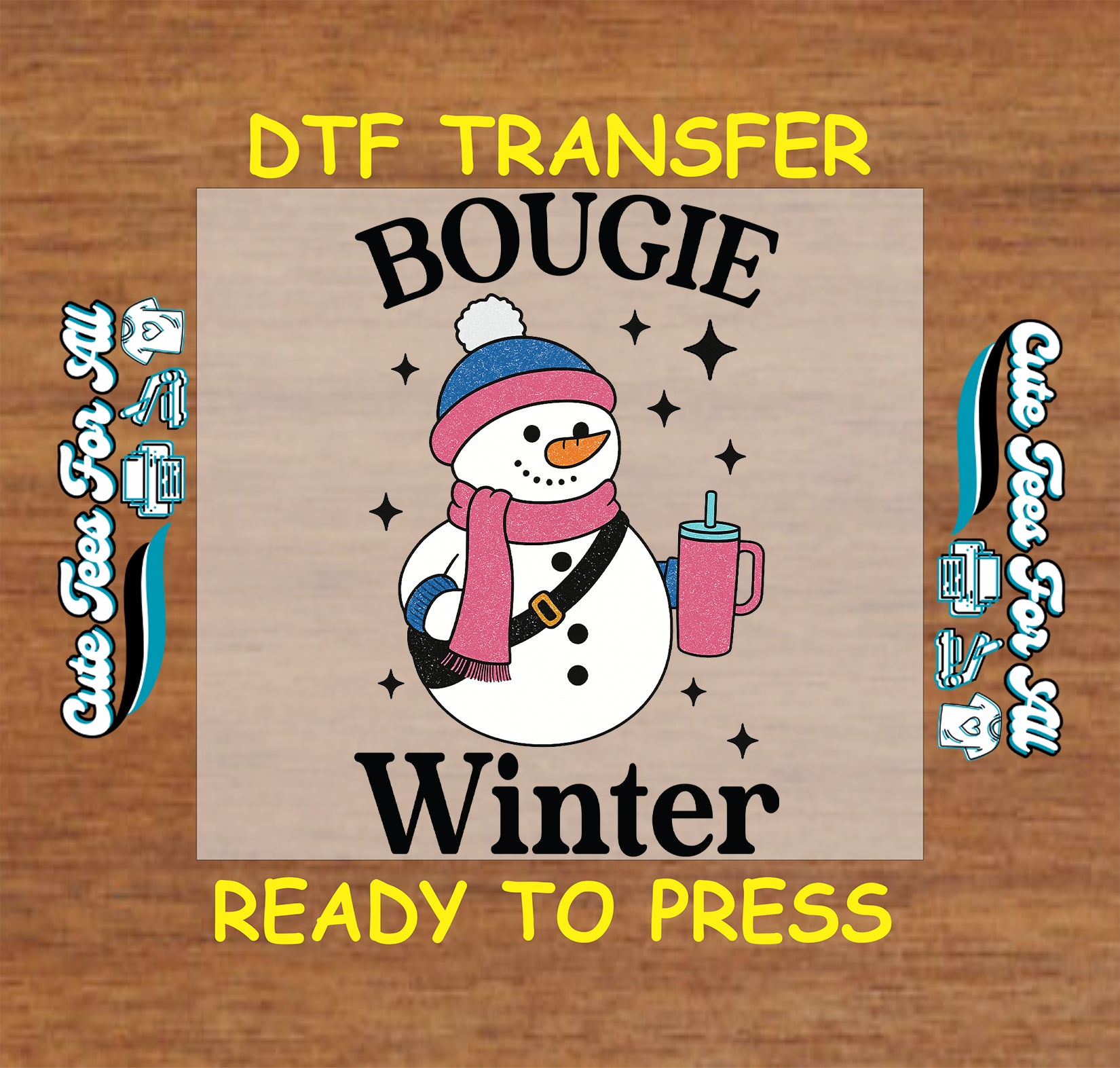 bougie winter snowman with coffee cup ready to press dtf iron on heat transfer for diy shirts