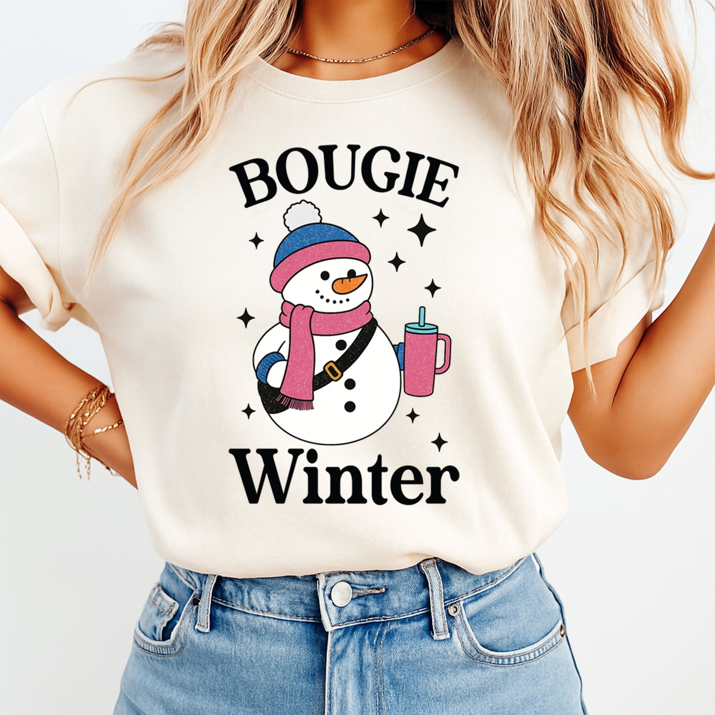 Winter DTF Transfer – Bougie Snowman with Coffee Cup Ready to Press Iron On Heat Transfer for DIY Shirts 11885