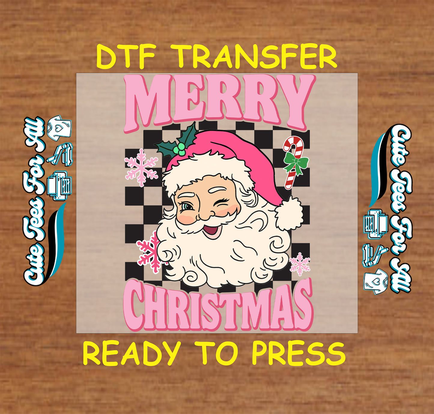 retro winking santa checkerboard background ready to press dtf iron on heat transfer for diy shirts