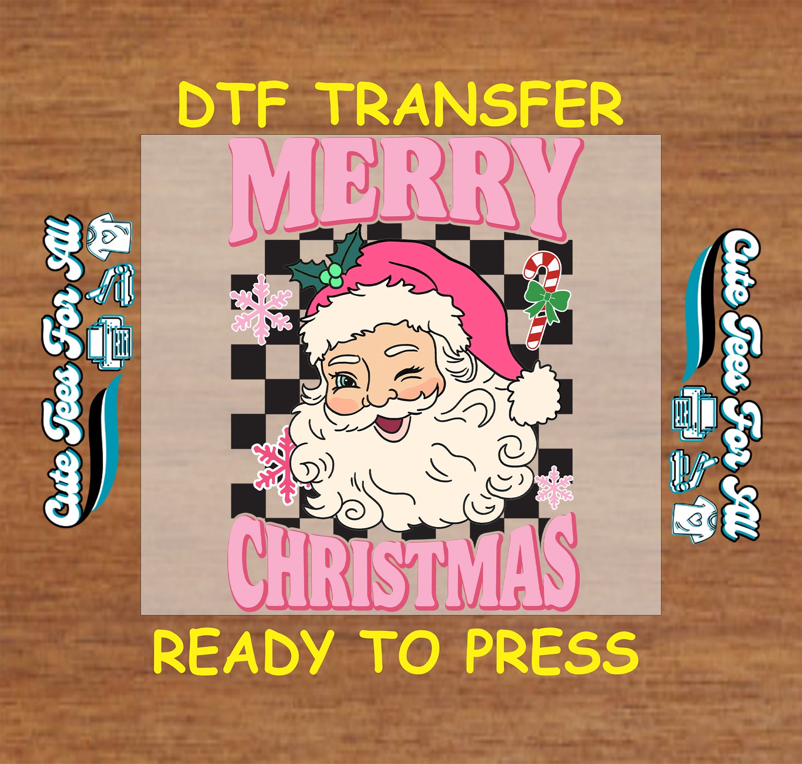 retro winking santa checkerboard background ready to press dtf iron on heat transfer for diy shirts