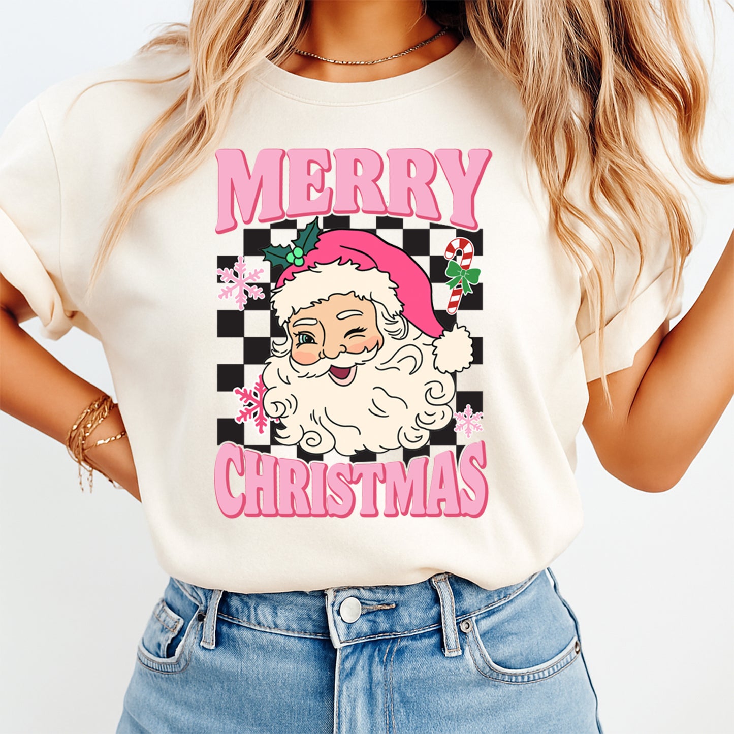 Christmas DTF Transfer – Retro Winking Santa with Checkerboard Background Ready to Press Iron On Heat Transfer for DIY Shirts 11887
