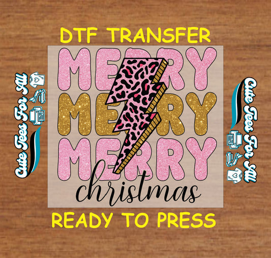 pink leopard lightning bolt merry christmas ready to press dtf iron on heat transfer for diy shirts