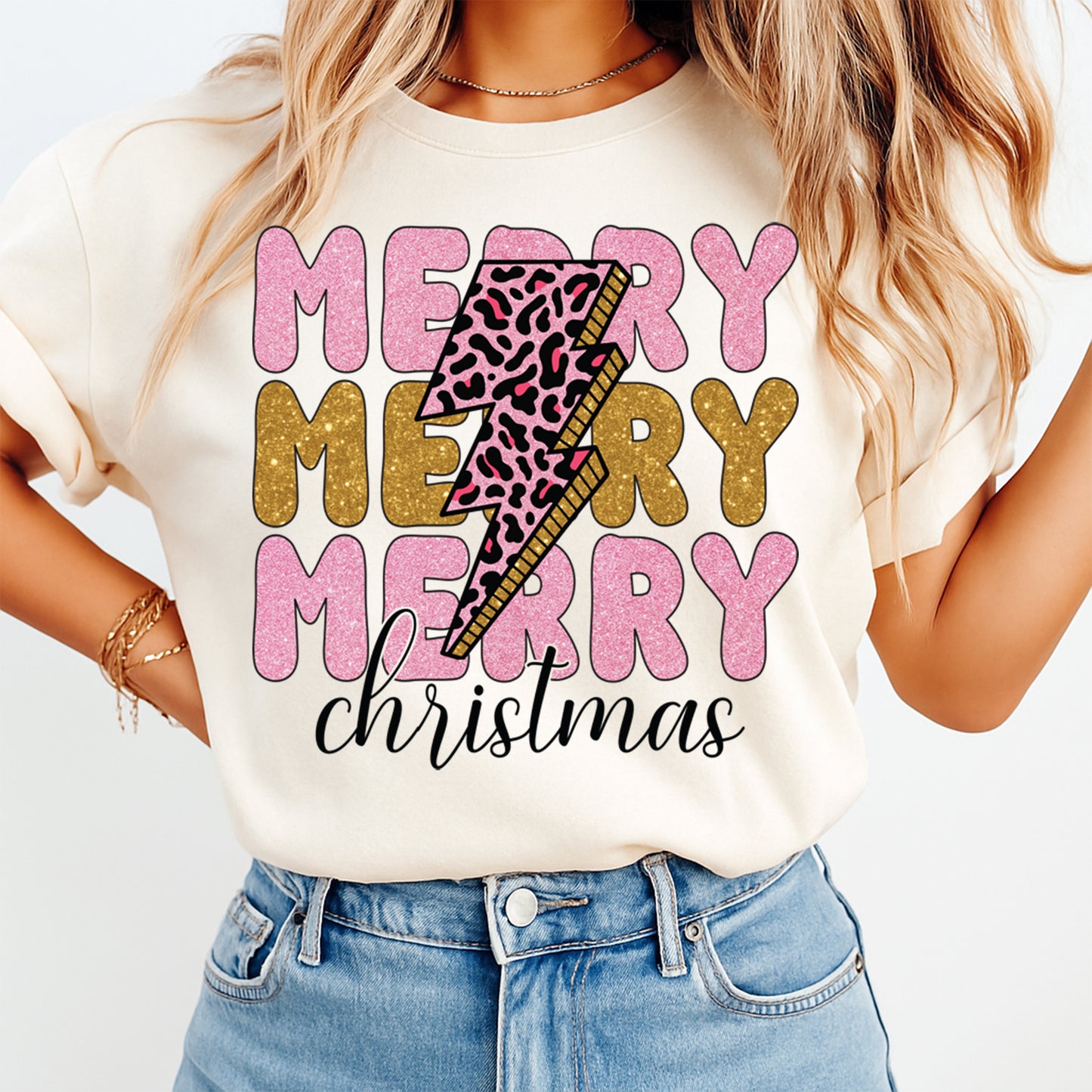 Christmas DTF Transfer – Pink Leopard Lightning Bolt Merry Christmas Ready to Press Iron On Heat Transfer for DIY Shirts 11888