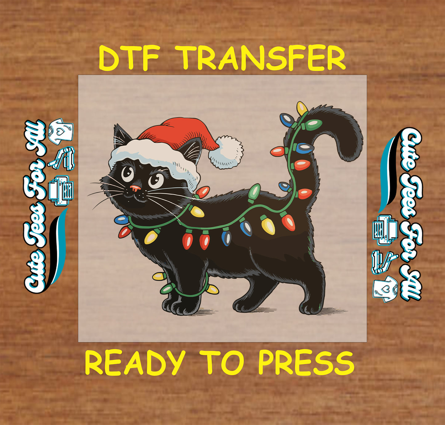 black cat with santa hat and christmas lights ready to press dtf iron on heat transfer for diy shirts