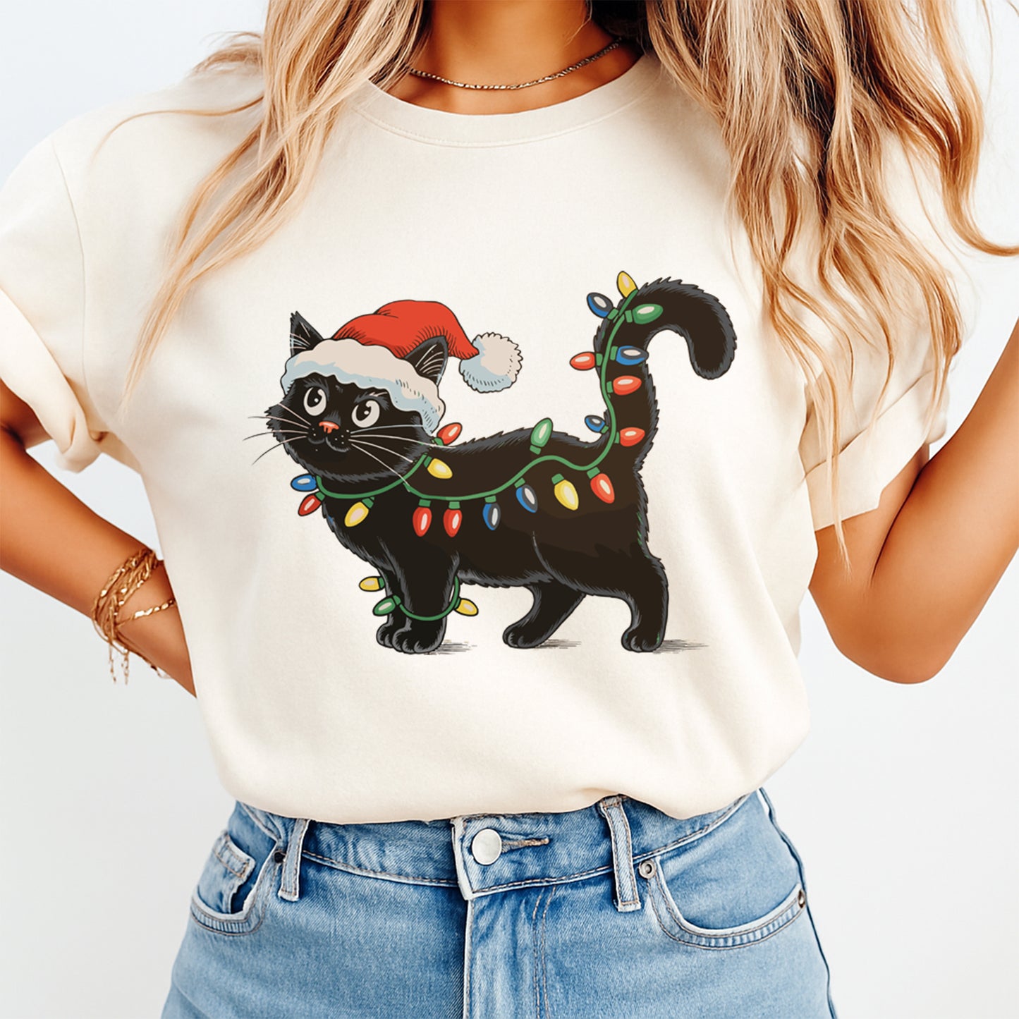 Christmas DTF Transfer – Black Cat with Santa Hat & Holiday Lights Ready to Press Iron On Heat Transfer for DIY Shirts 11889
