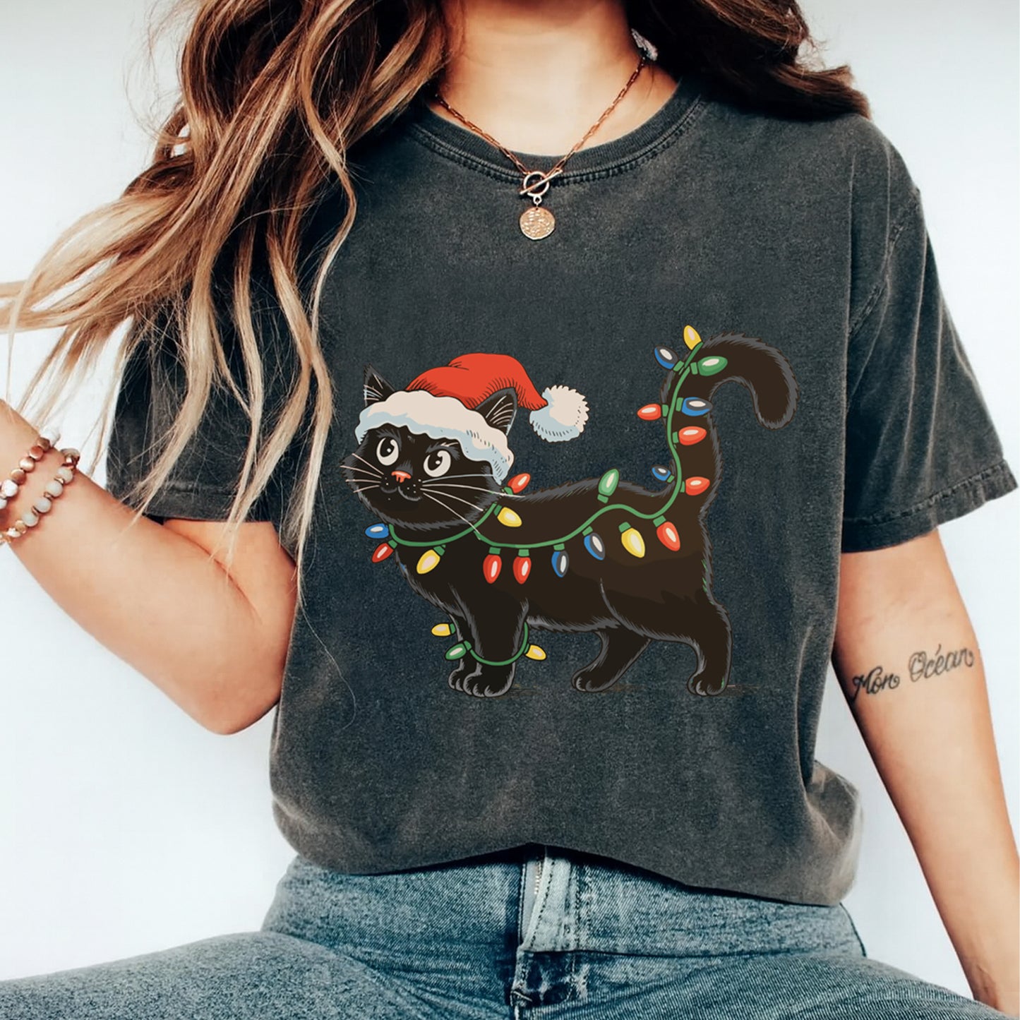 Christmas DTF Transfer – Black Cat with Santa Hat & Holiday Lights Ready to Press Iron On Heat Transfer for DIY Shirts 11889