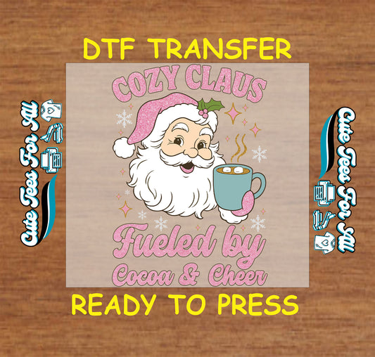 cozy claus santa holding cocoa cup ready to press dtf iron on heat transfer for diy shirts
