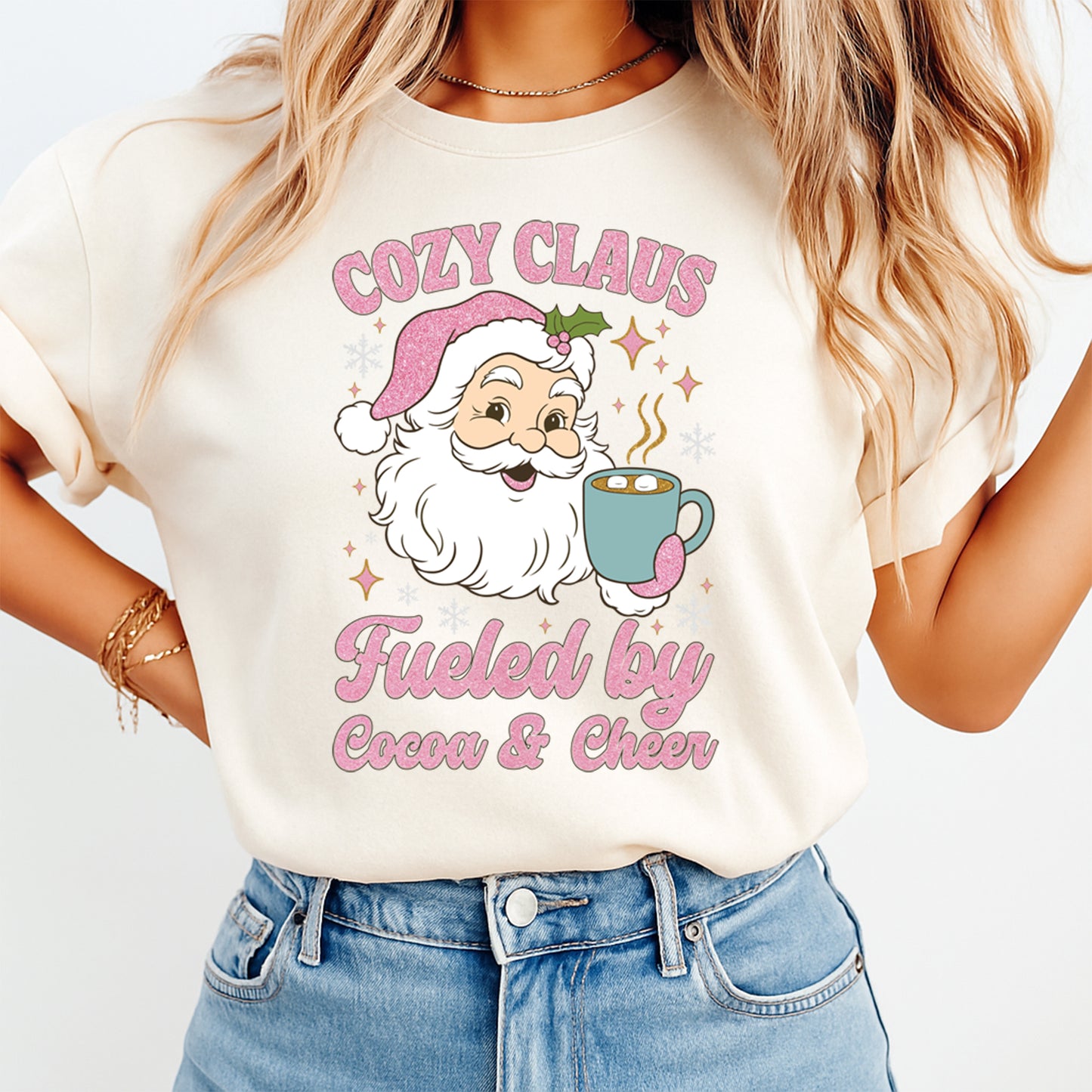 Christmas DTF Transfer – Cozy Claus with Cocoa Cup Ready to Press Iron On Heat Transfer for DIY Shirts 11890