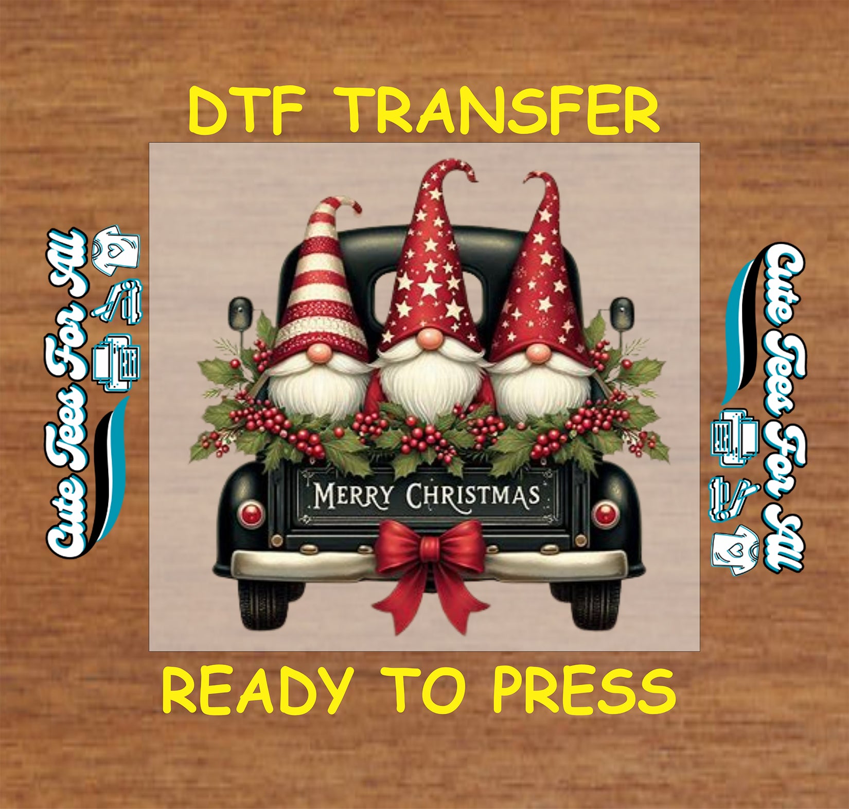 gnomes in red truck with holly and bow ready to press dtf iron on heat transfer for diy shirts