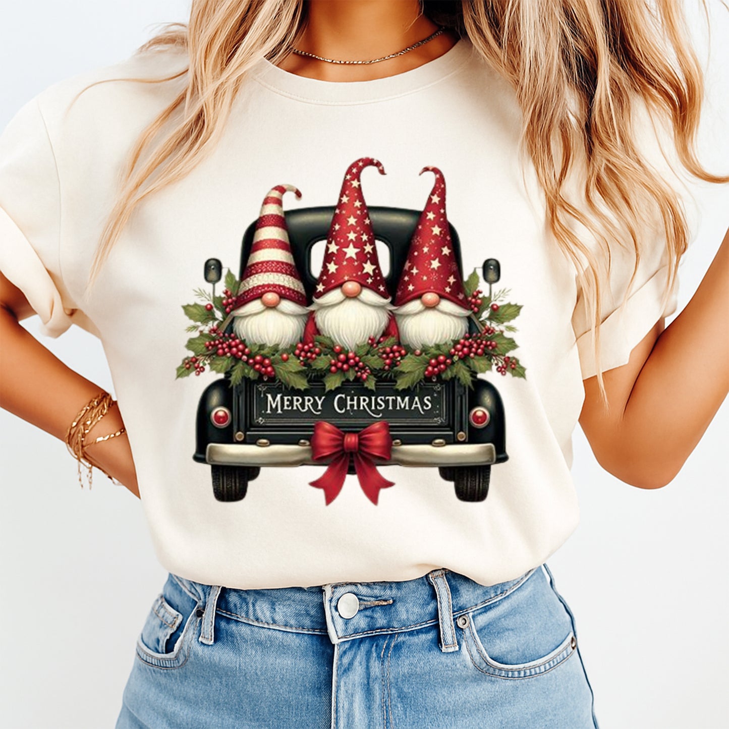 Christmas DTF Transfer – Gnomes in Red Truck with Holly Garland Ready to Press Iron On Heat Transfer for DIY Shirts 11893
