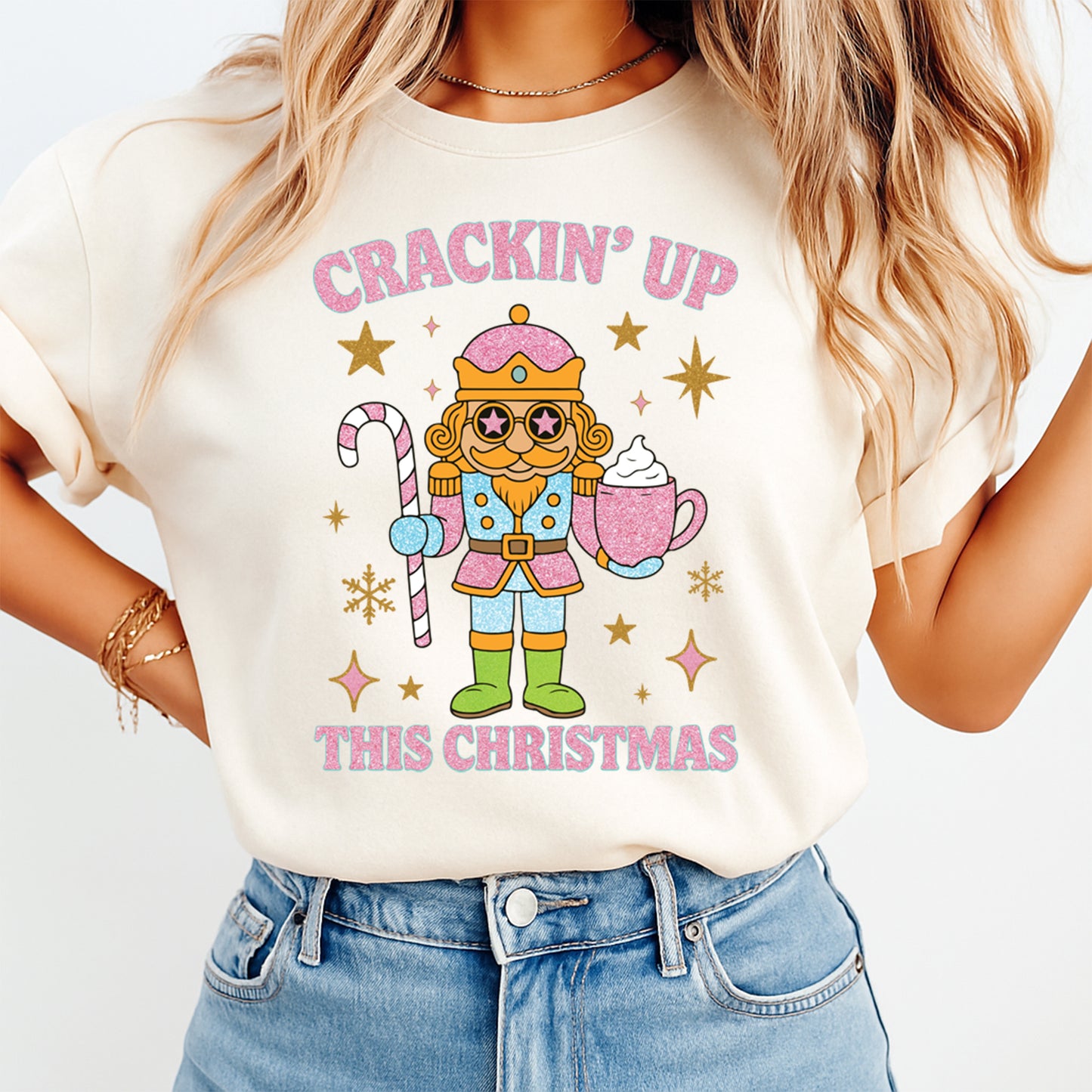 Christmas DTF Transfer – Crackin’ Up Nutcracker with Candy Cane & Cocoa Ready to Press Iron On Heat Transfer for DIY Shirts 11894