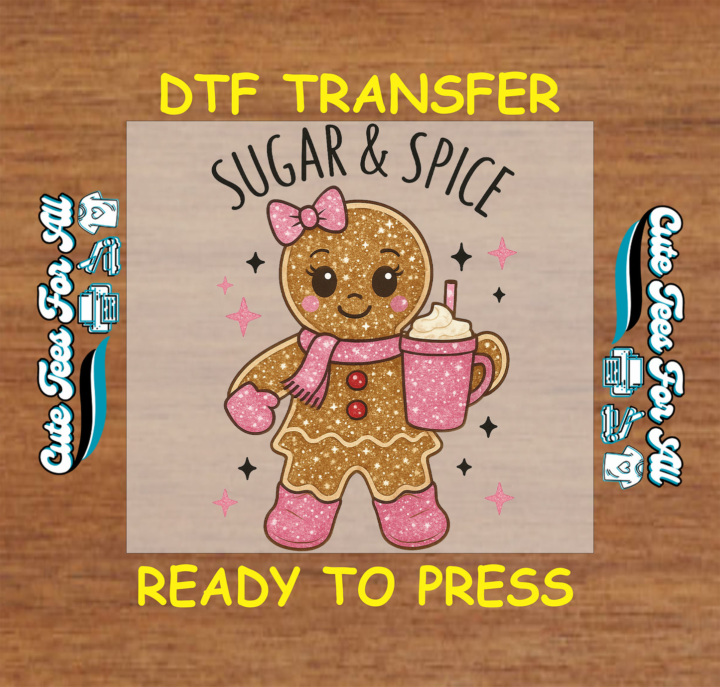 gingerbread girl with pink cocoa cup sugar and spice ready to press dtf iron on heat transfer for diy shirts